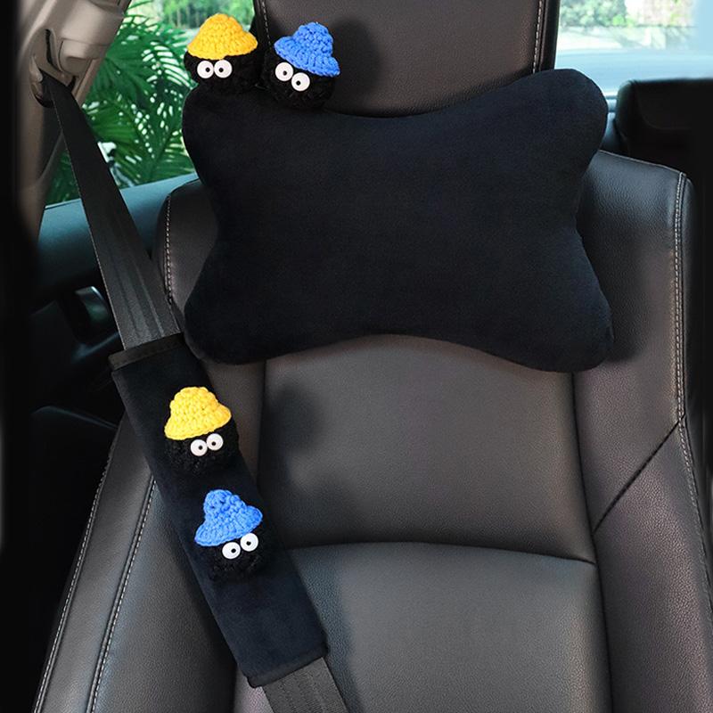 Cute Cartoon Car Pillow Coal Ball Bow Universal Auto Seat Headrest Neck Support Seatbelt Cover Interior Accessories for Women