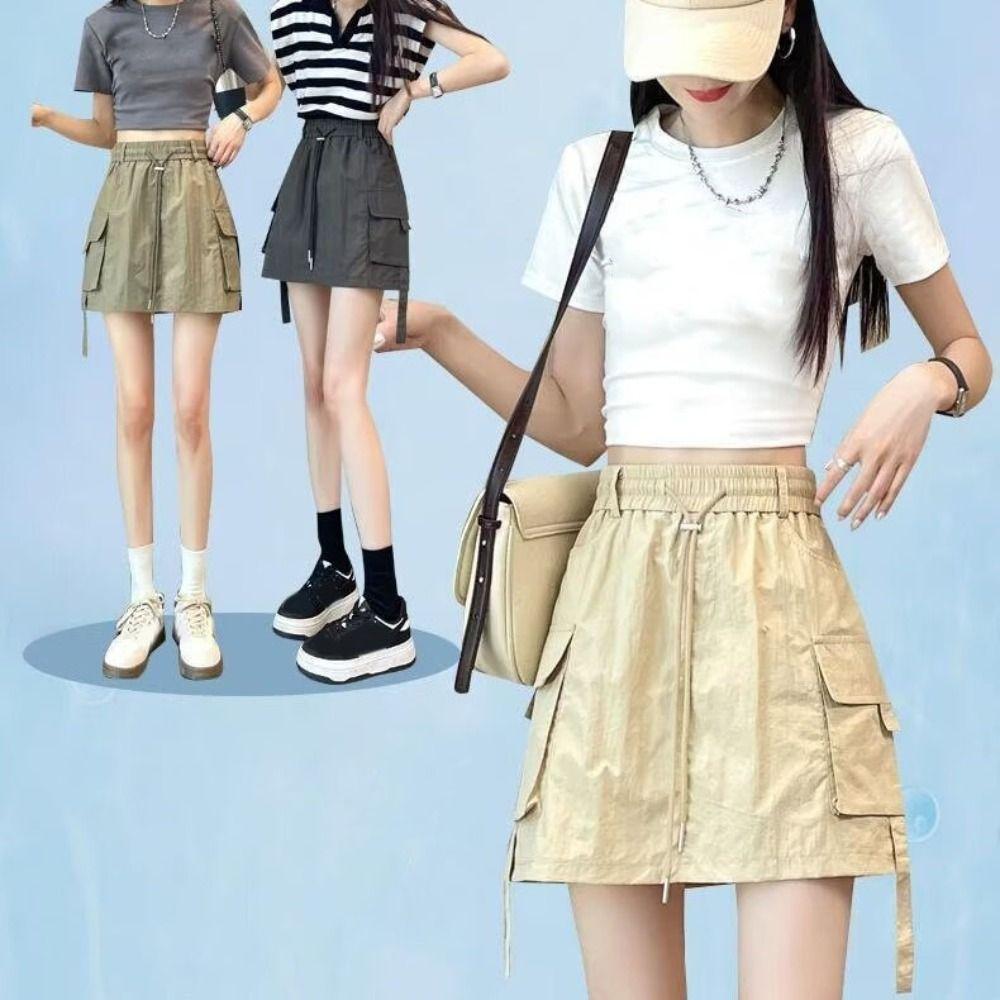 Loose High Waist Skirt Lace Up Causal Skirts Women Simple Cargo Skirts Summer