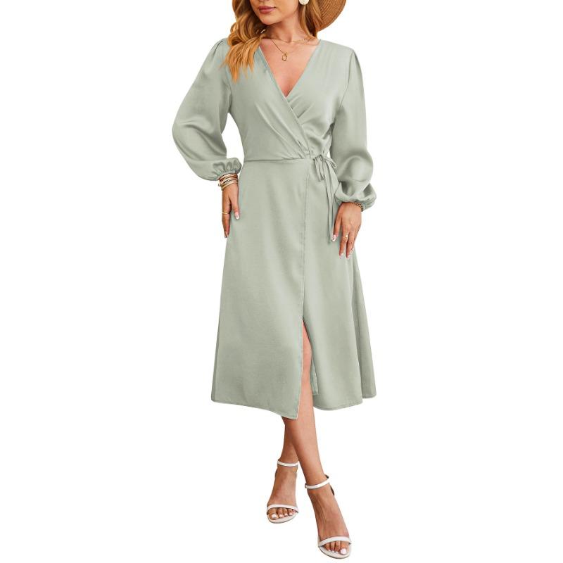 Весенне-осеннее женское платье, однотонное сексуальное платье с v-образным вырезом и разрезом подол