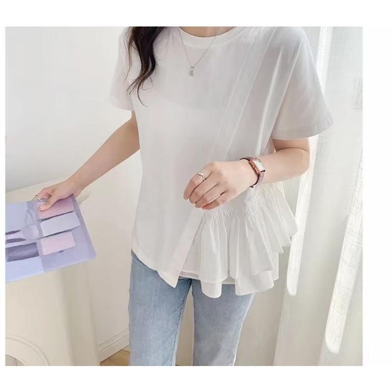 Sweet Laminated Pleated Ruffle Edge Splicing A Word Loose Round Neck Short Sleeve Doll Shirt T-shirt Women's Summer