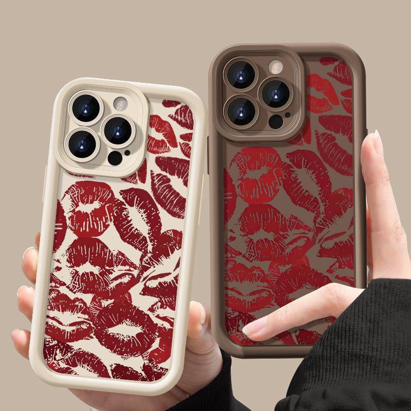 Модный мягкий чехол для телефона с принтом красных губ TPU для iPhone 16 Pro Max 15 Plus 14 Pro 13 12 11 XR XS 8 7, защита объектива, противоударный матовый бампер