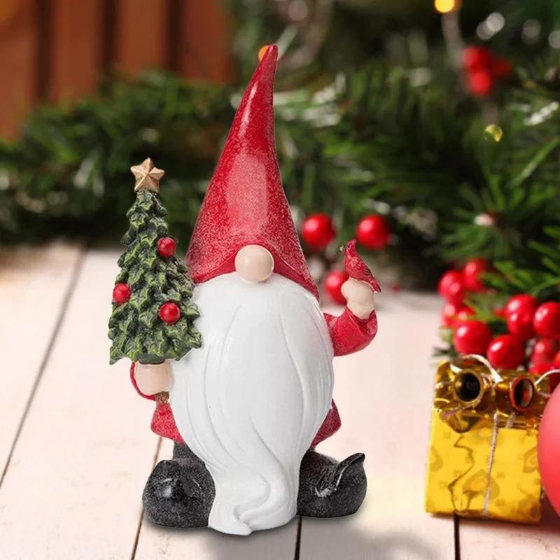 Santa Claus Statue Christmas Home Decoration Gnome Holding Christmas Tree Ornaments Garden Microlandscape Decor Resin Crafts