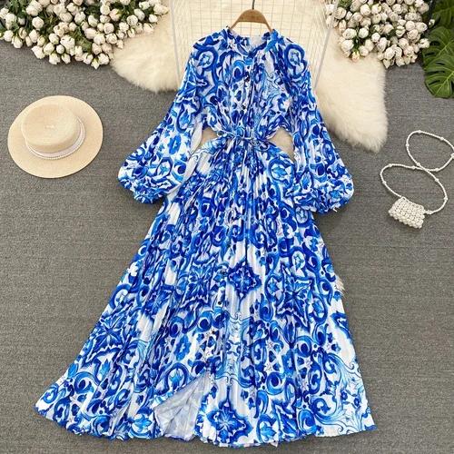 Платья Temperament Lantern Длинные рукава Круглый вырез Тонкий однобортный принтованное платье Элегантные винтажные шикарные женские платья