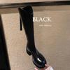 Черные женские длинные сапоги с V-образным вырезом, круглым носком, высотой квадратного каблука 7 см, сапоги до колена с увеличением роста, модная строчка, задняя молния, женская обувь