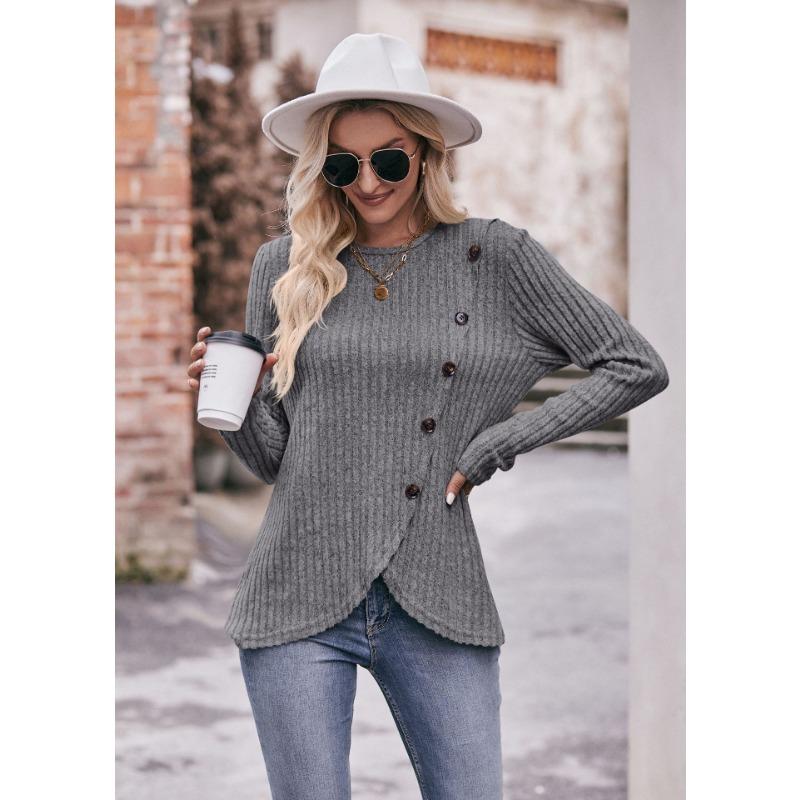 YYFS Женские модные повседневные весенне-осенние однотонные блузки и рубашки с круглым вырезом с длинными рукавами и принтом