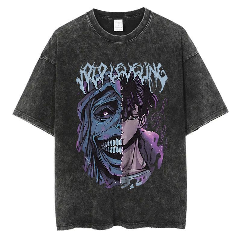 Японское Аниме Solo Leveling Принт Винтажная Выстиранная Футболка Харадзюку Уличная Одежда Графическая Футболка Летняя Футболка с Коротким Рукавом