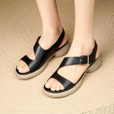 4 см Большой размер 35-42 Подходят ко всему Удобные Туфли из натуральной кожи Сандалии на плоской платформе 2025 Лето Женские сандалии на щиколотке Пляжные Мама