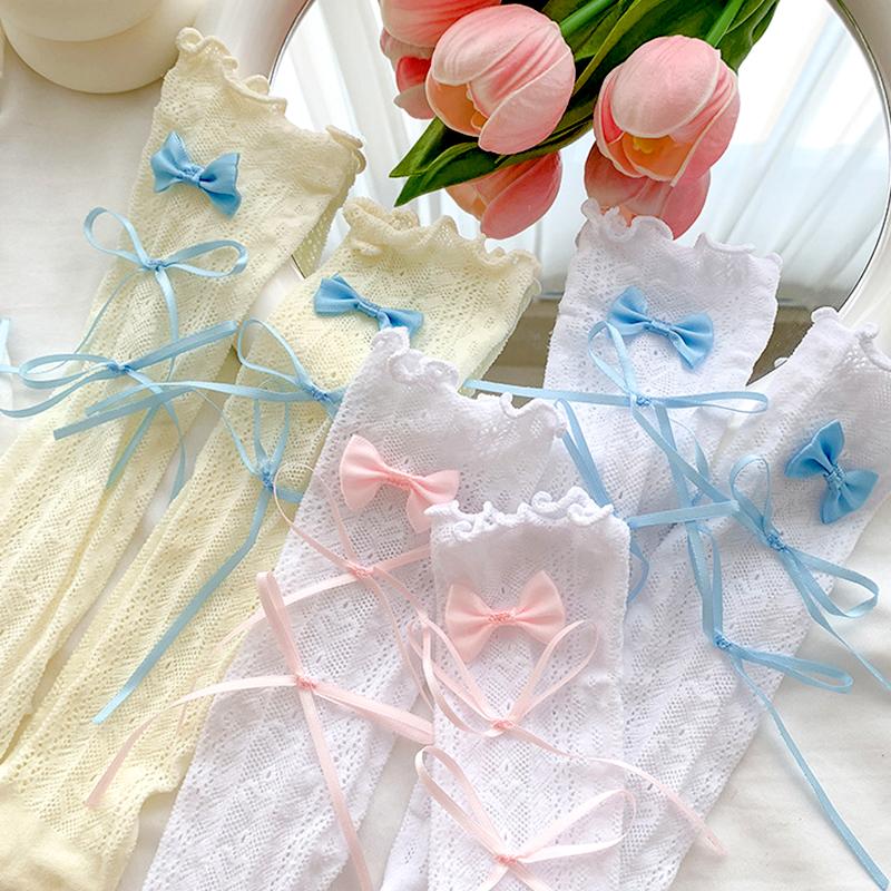 1Pair Lace Stockings Fairyism Sweat Absorption Sweet Middle Cylinder Korean Series Transparent Pile Socks Butterfly Knot