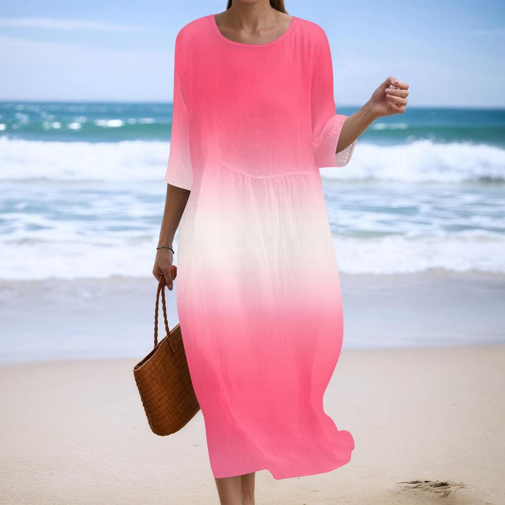 Women's Fashionable Printed Round Neck Seven Quarter Sleeve Loose Dress