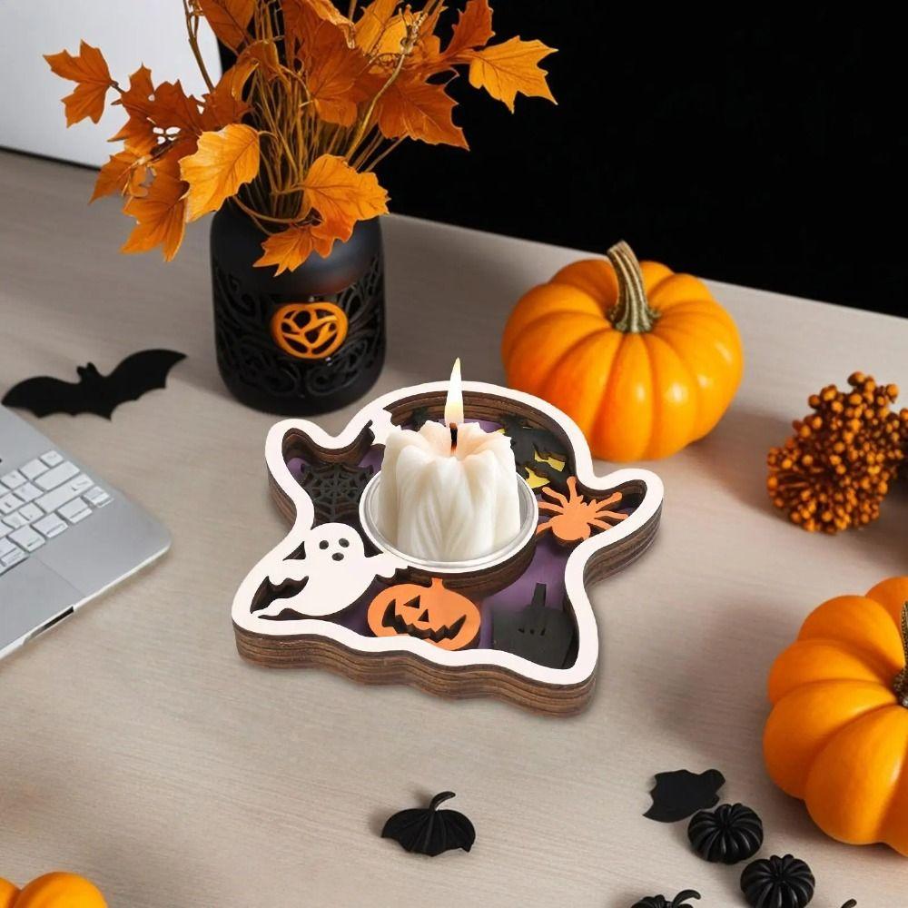 Romantic Halloween Candle Holder 3D Wooden Candle Stands Scary Candle Holder Halloween Home Decor