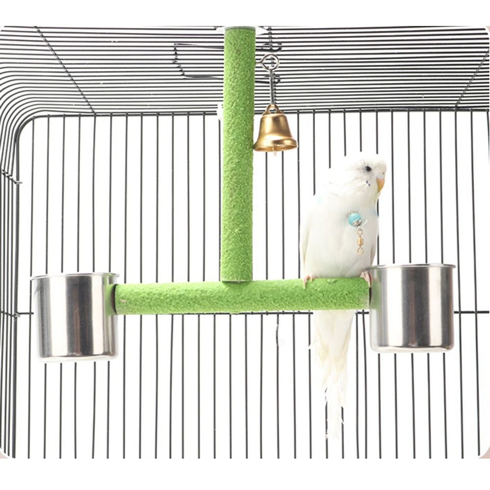 With Feeding Cups Bird Training Stand Easy To Install Wooden Beak Grinding Stick Parakeet