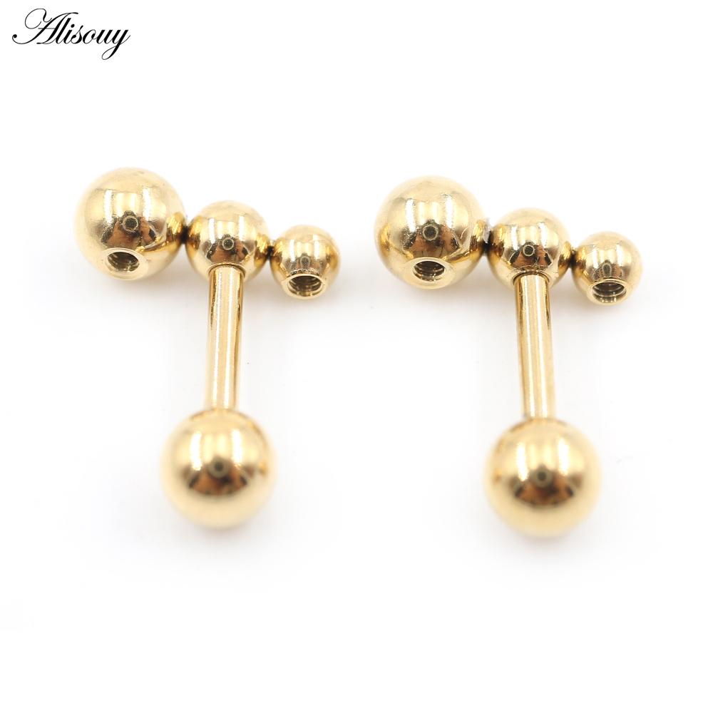 Alisouy 2PC нержавеющая сталь резьба три шарика фасоль женщины мужчины девушка серьги гвоздик хрящ винт серьги пирсинг ювелирные изделия