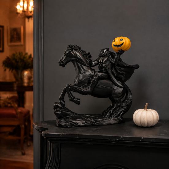 Unique Holiday Gift Headless Horseman Statue with Pumpkin, Horror Knight Holding Pumpkin Decorative Resin Ornament, Halloween Horse Sculpture