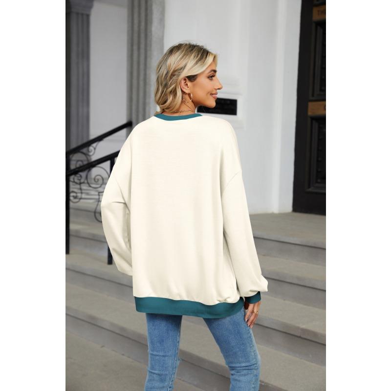 Spring and Autumn Women's Plus Size Color Collision Round Neck Loose Long Sleeve Sweatshirt Top
