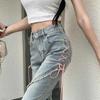 Американские джинсы с разрезом, женские розовые повязки с высокой талией, нерегулярные джинсовые брюки с застежкой-молнией, брюки Y2k Pantalon Femme