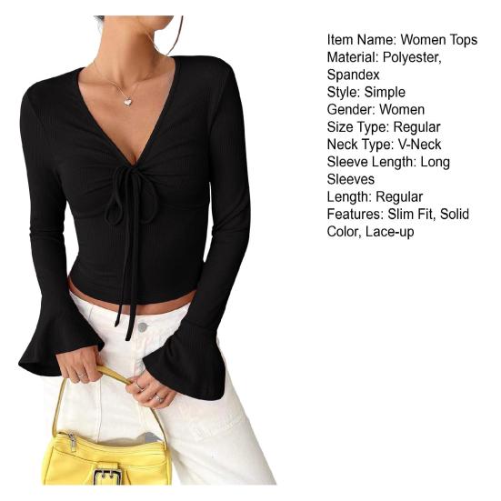 Женские топы с V-образным вырезом, расклешенные, с длинным рукавом, на шнуровке, пуловеры, облегающие, однотонные, повседневные топы, универсальная повседневная одежда