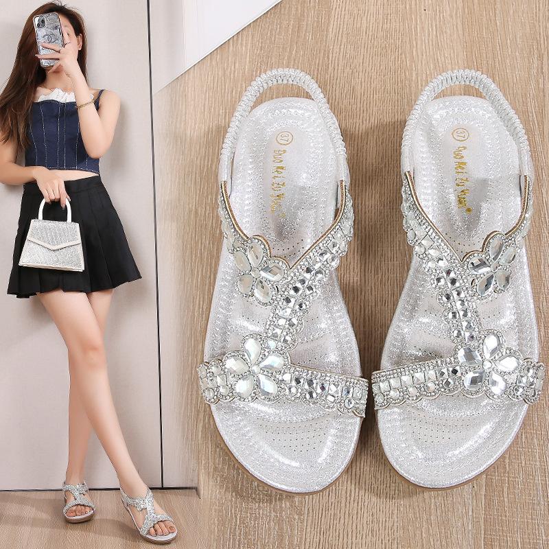 Fashion Plus Size Rhinestone Shoes for Women Summer Fashion Platform Wedges Sandals Elastic Band Beach Sandals Non-slip Shoes