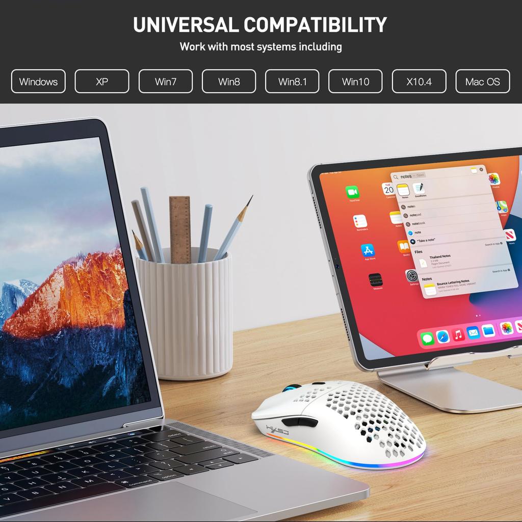 ZIYOU LANG T66 Wireless Gaming 1000Hz Report RGB DPI White Mouse, Rate, Illumination, 5-Level Adjustment, 90g,