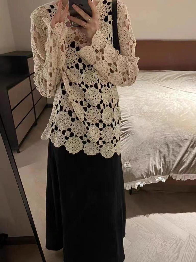 Chic Knitted Hollow-Out Sweater | Plus Size French Style | Loose Long Sleeve | Early Autumn Women's Outerwear