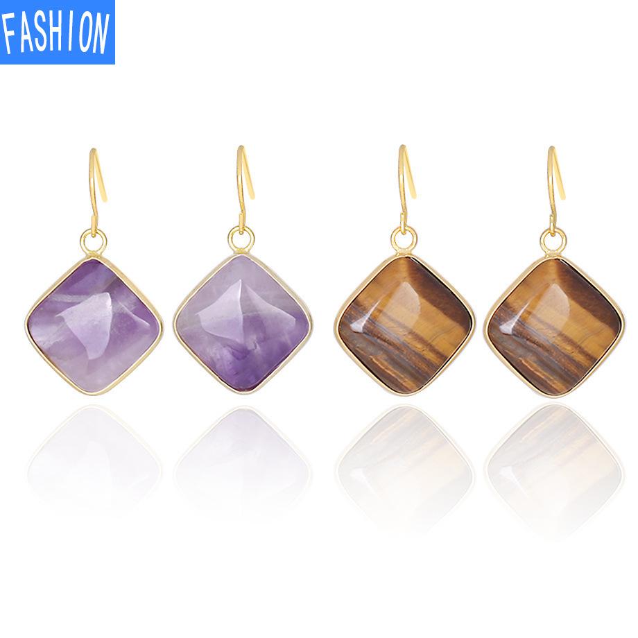 Серьги с натуральным кристаллом и аметистом, геометрические европейские и американские серьги, серьги с кристаллами в креативном стиле, женские