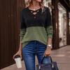 Autumn and Winter V-neck Cross-color Splicing Top with Dropped Shoulder Sleeves Casual Women's T-shirts