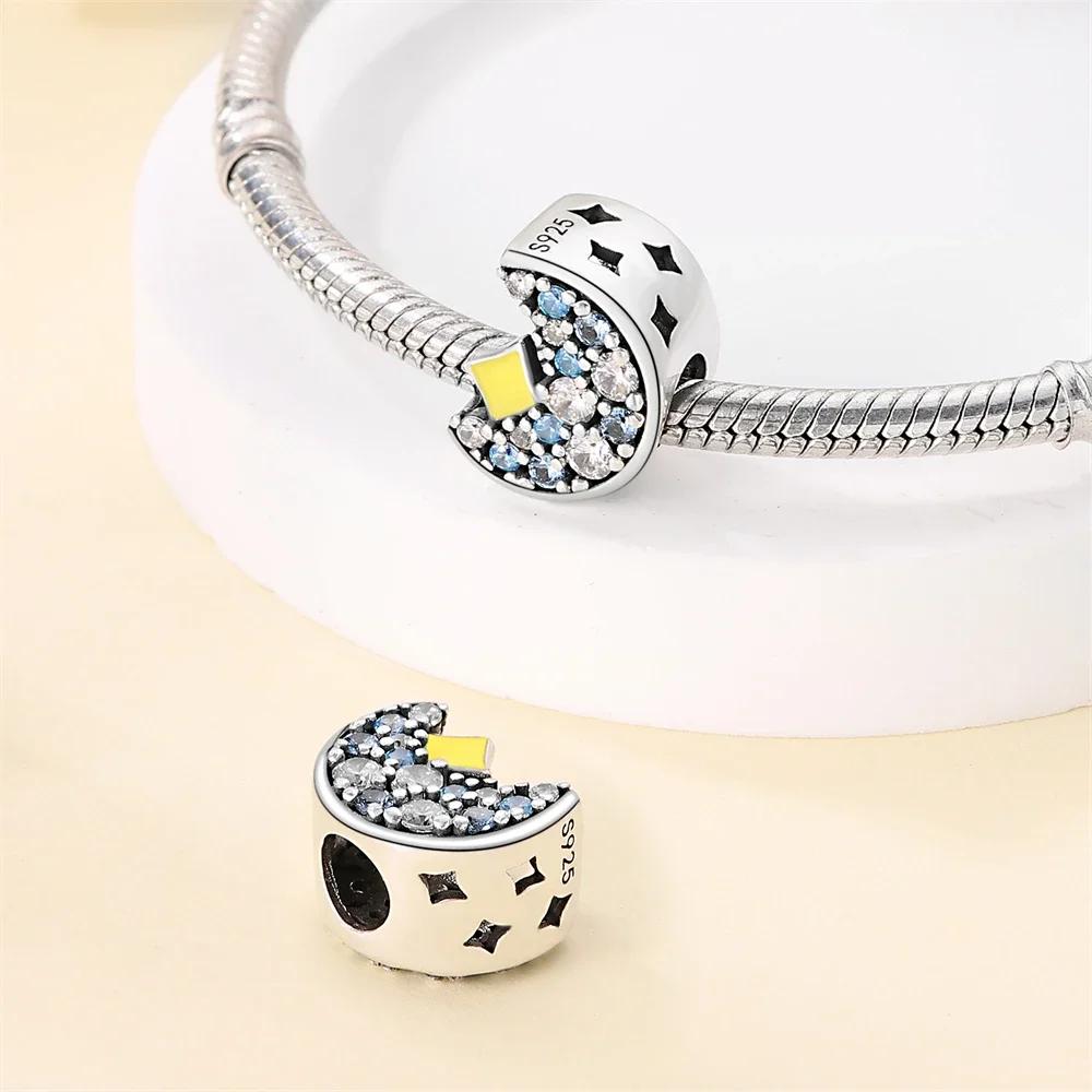 Authentic copper Charm Moon Yellow Stars Blue Zircon Feathers Bead Charms Compatible With Bracelets Women Diy Accessory Valentines Fine Gift