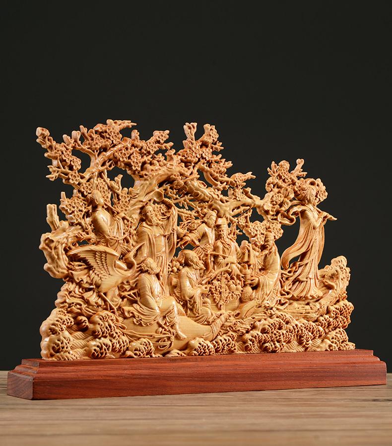 Thuja Wood Carving Eight Immortals Sculpture Decor Dish Wood God of Wealth Lucky Gift Home Decor