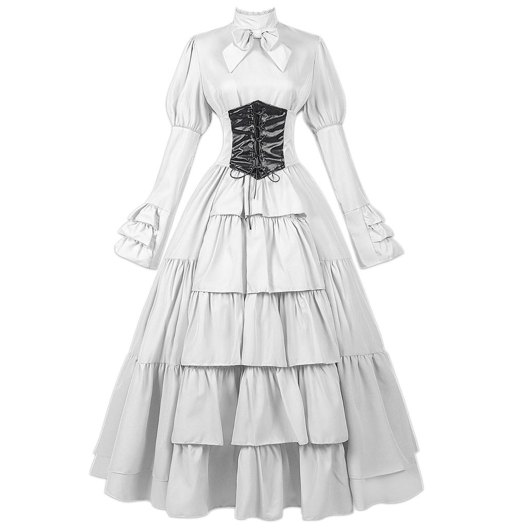Women Halloween Medieval Dress Traditional Renaissance Gothic Corset Dress Long Sleeve Ruffle Long Dress Cosplay Costume Vestido