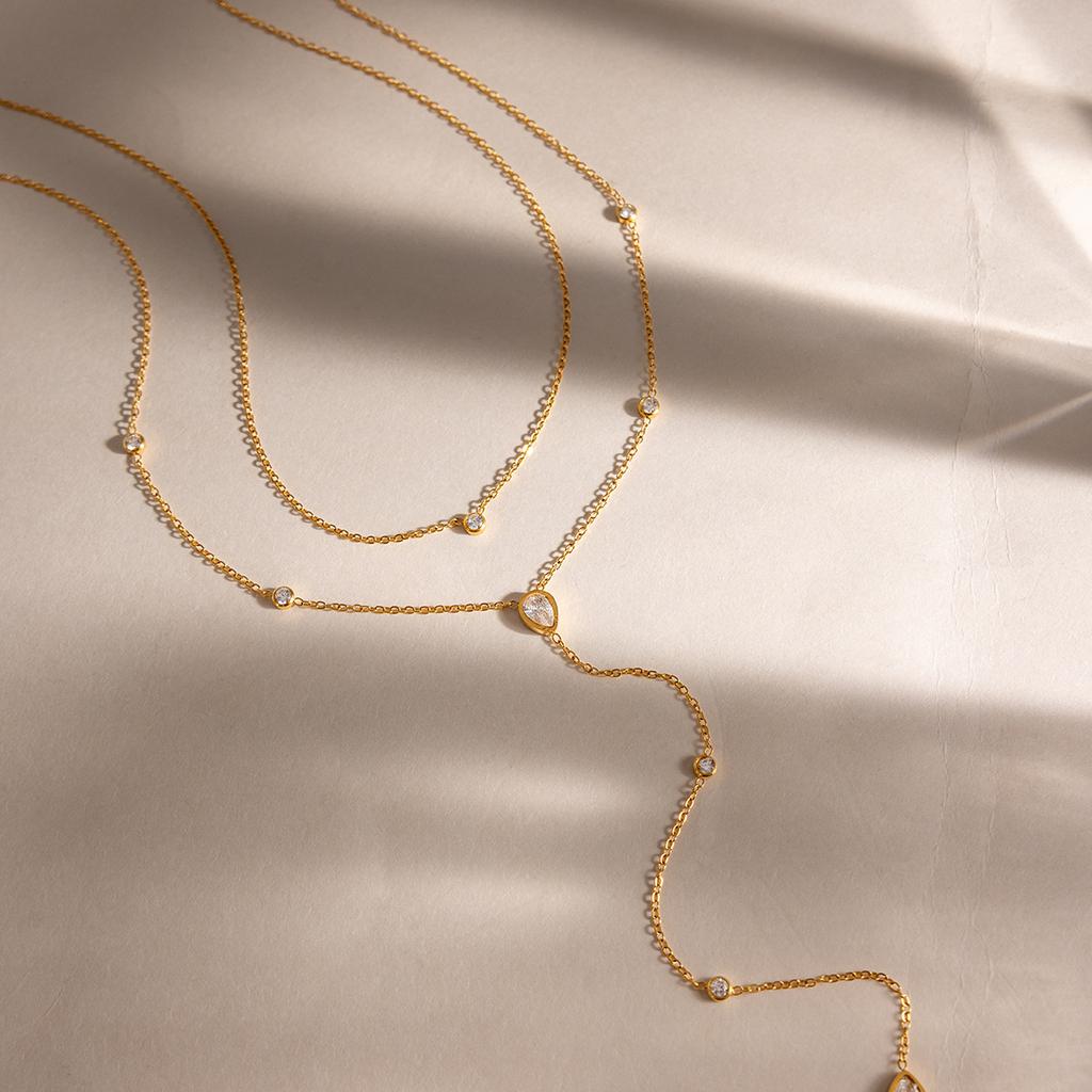 18K Gold Plated Stainless Steel Y Shaped Dainty Chain Water-Drop Pendant Necklace Double Layer Shiny Cubic Zirconia Necklaces