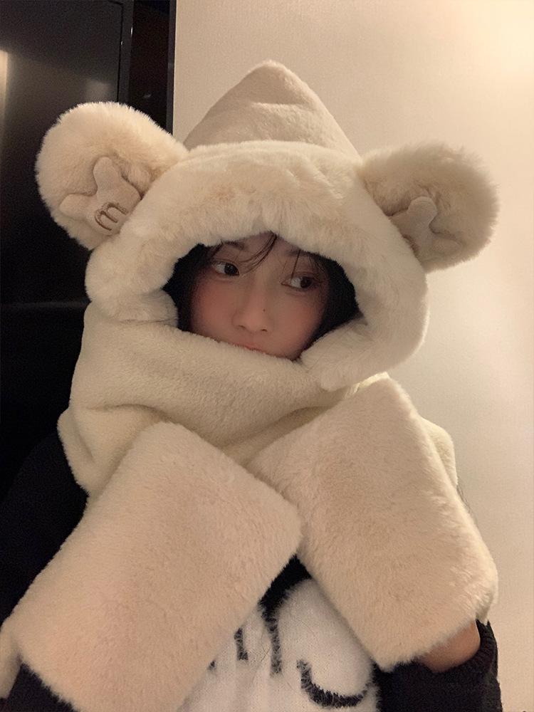 Шапка с медвежьими ушками шарф интегрированный женский зимний милый плюшевый утолщенный теплый шарф перчатки набор из трех предметов