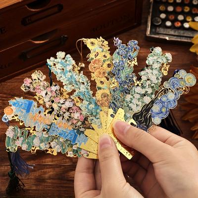 1 шт. Закладка из золотистого полого металла в стиле Ван Гога, художественный дизайн масляной живописи с кисточкой, 8 уникальных форм окон для книголюбов