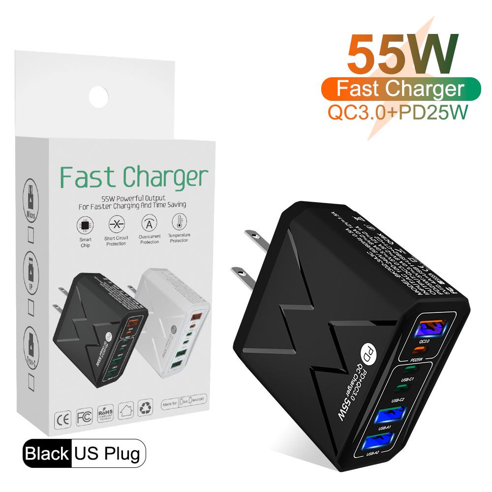 Быстрое зарядное устройство PD 25 Вт на 6 портов: 3 USB, 3 PD 55 Вт с QC3.0 – Штекеры EU, UK, AU