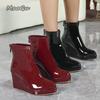Британский стиль Лакированные Бордовые Короткие Сапоги Остроносые Женские На Платформе На Каблуке Модная Обувь