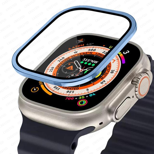 Металлический бампер + закаленное стекло для Apple Watch Ultra 49 мм ремешок Защитная пленка для экрана Защита от царапин HD Полная пленка iWatch Ultra 49 мм ремешок