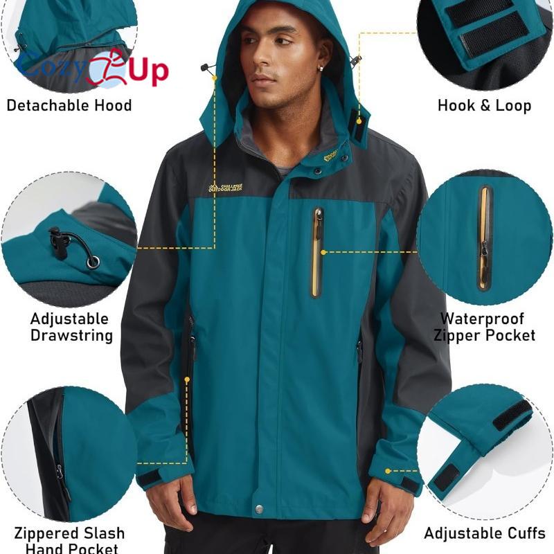 Cozy Up Куртка для мужчин с капюшоном, ветрозащитная, водостойкая, дождевик, ветровка с 5 карманами, куртка для походов, рыбалки, бега
