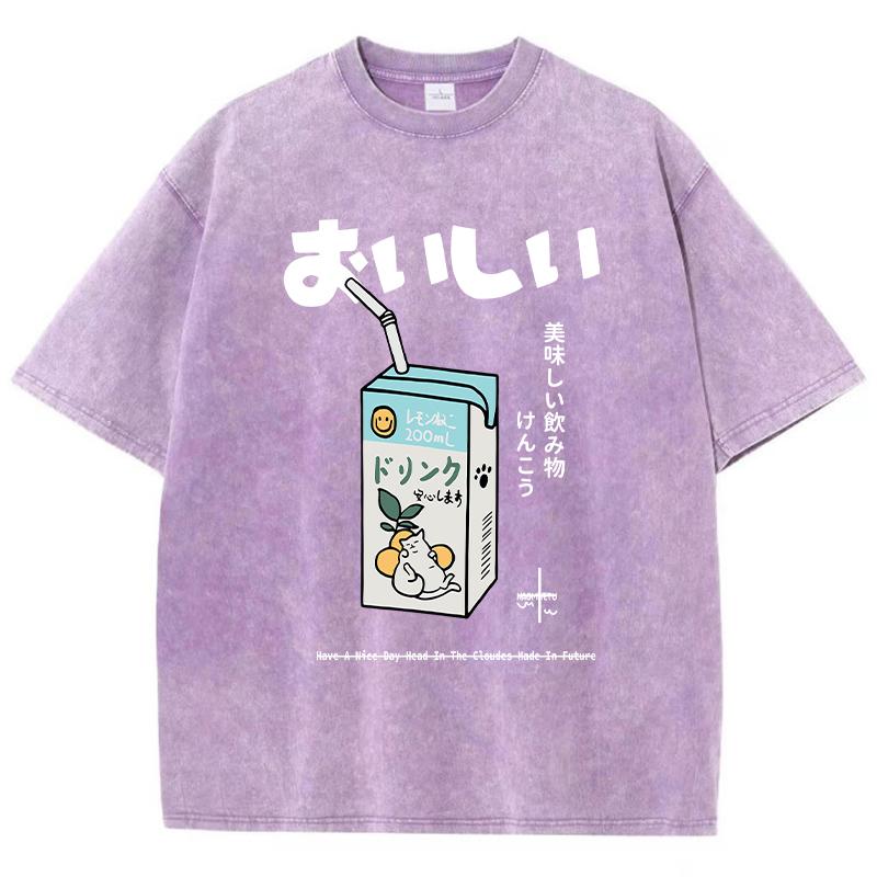 Повседневная женская хлопковая стираная футболка с принтом в виде мультфильма «Питьевой напиток» с коротким рукавом и свободным круглым вырезом, винтажная женская одежда