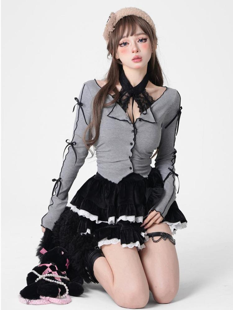 Коричневая вельветовая мини-юбка, милая, милая женская юбка-тортик, с рюшами и строчкой по краю, Лолита, готика, Y2K, American Spicy Girl