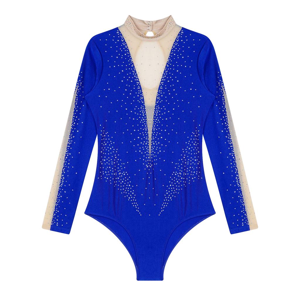 Женское блестящее танцевальное трико со стразами, боди с длинными рукавами для соревнований по гимнастике, фигурному катанию
