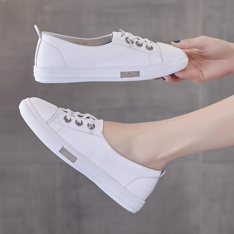 Маленькие белые туфли из коровьей кожи, кеды, женские, новые, весенне-летние, универсальные, кожаные, повседневные, на плоской подошве, одинарные туфли с неглубоким вырезом