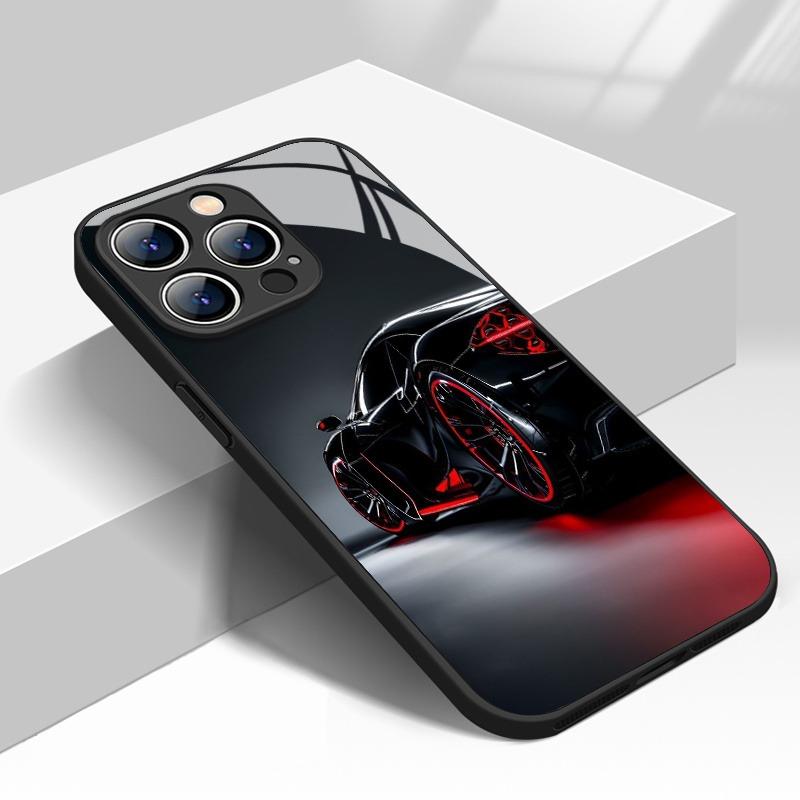 Черный Стильный Чехол для Телефона из Стекла с Рисунком Автомобиля для iPhone 17 Pro Max 11 12 13 14 15 16 Pro 16E 17Air 7 8 15 Plus XR XS X