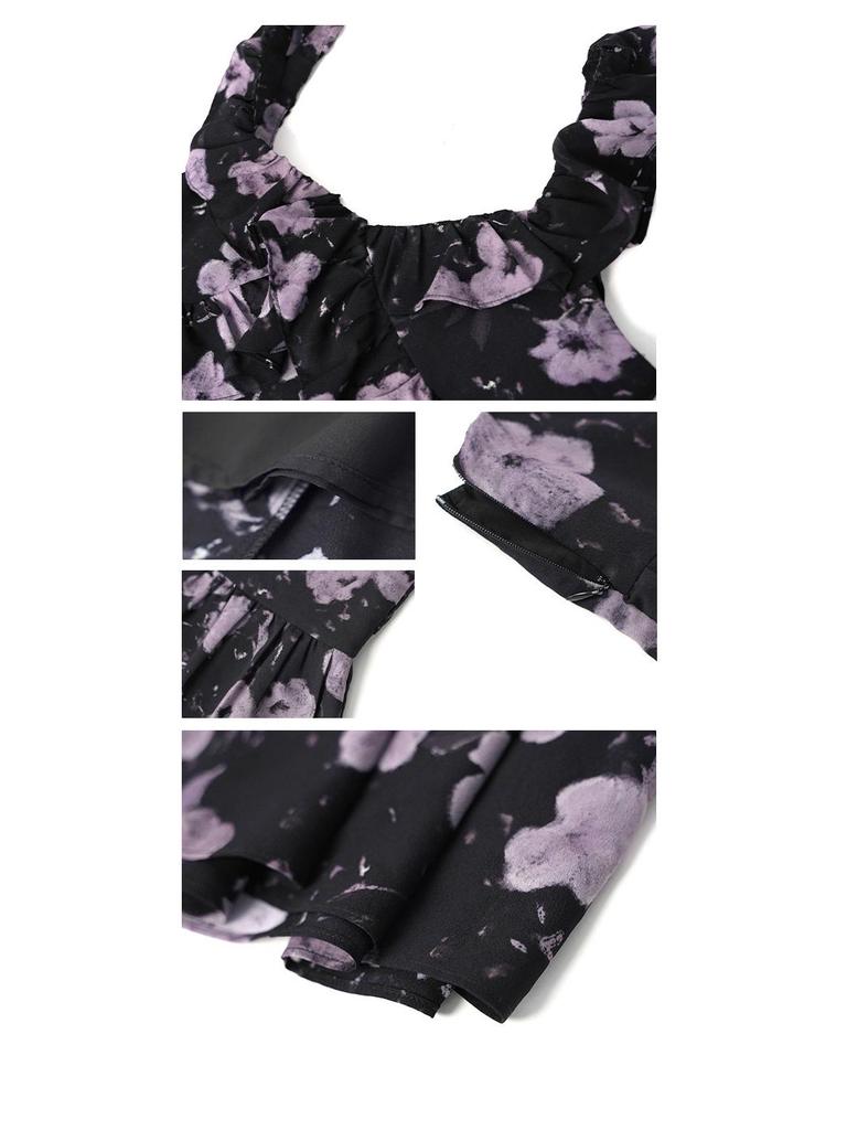 2025 Ранняя весна Французский ретро Элегантное платье с квадратным вырезом и цветочным принтом C3018