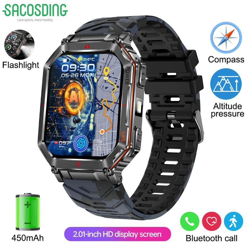 New Smart Watch GPS Sports Men Compass LED Flashlight Altimeter Barometer Bluetooth Call 3ATM Waterproof AMOLED Screen Smartwatch 450mAh