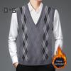 Men Knitting Vest V-Neck Sleeveless Thickened Plush Lining Waistcoat Rhombus Line Patterns Winter Vest Sweater