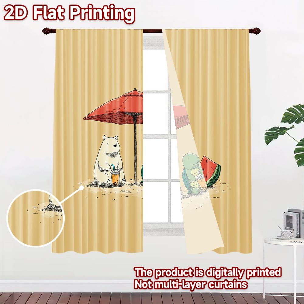 2D flat printing 2pcs Window Curtains Cute animals beach boba watermelon Digital Printed Polyester Drapes Festive Wall Decor for