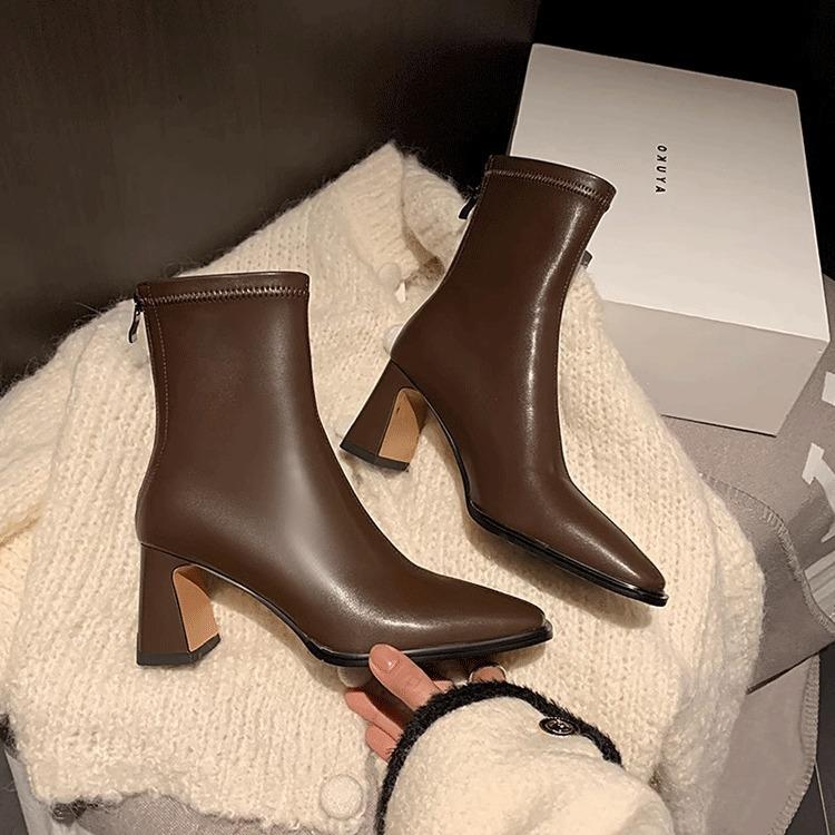 Autumn and Winter Short Boots Women Square Head Black Side Zipper Boots Women Chunky Heel Leather Boots White Single Boots High Heel Short Boots