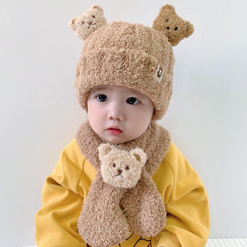 Baby Autumn and Winter Warm Hat Plush Scarf Two-piece Set Cute Teddy Bear Thick Male and Female Baby Yarn Hat