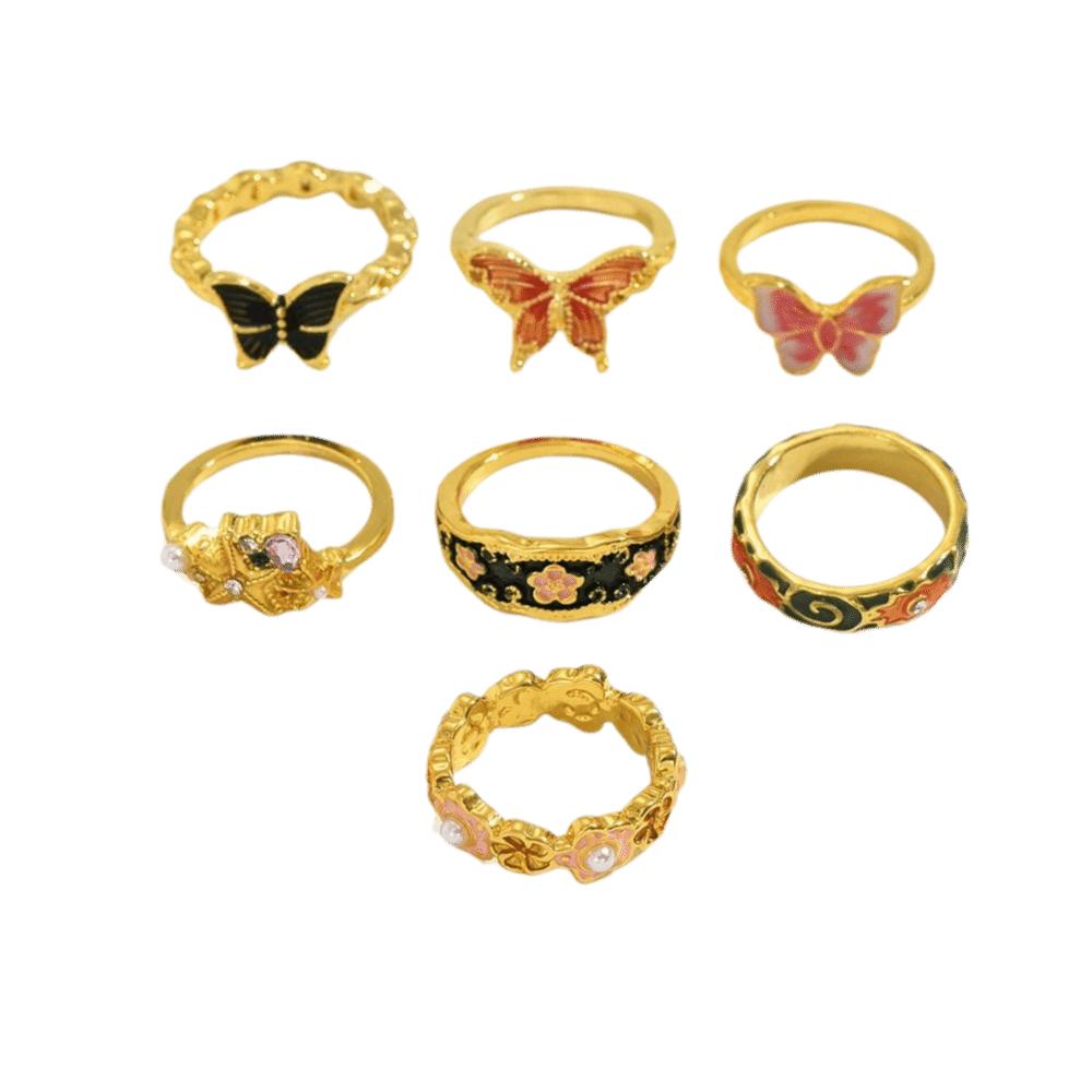 7Pcs/Set Butterfly Flower Ring Set Rhinestone Irregular Rings Creative Enamel Finger Rings Wedding