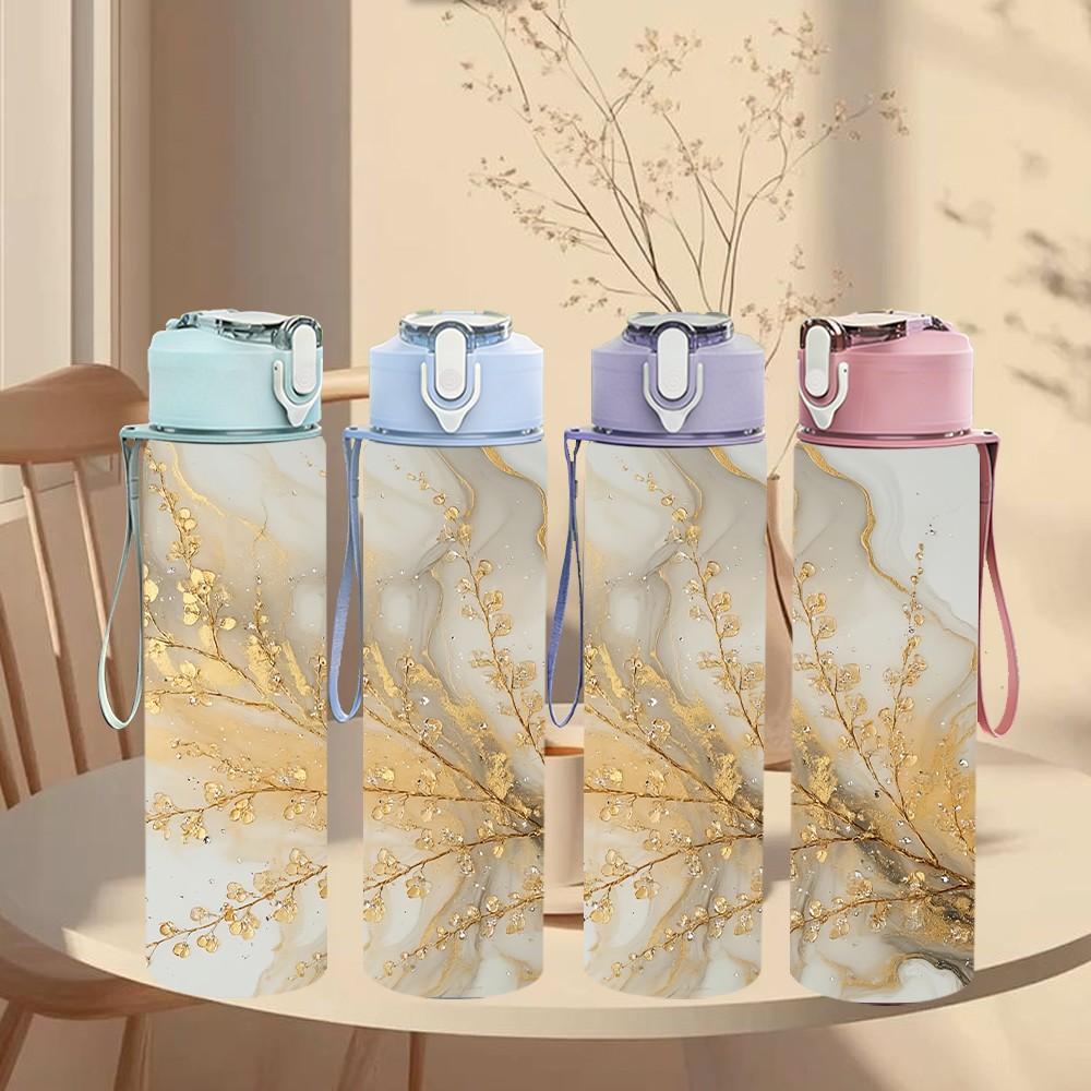 1PC Dried Golden Pampas Grass Boho Texture Art 750ml Color Plastic Sports Water Bottle Leakproof Flip Straw Lid Suitable for Sports Office Home Use
