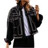 Women Punk Jackets Fashion Beading Turndown Collar Coat Outwear Short Wash Denim Locomotive Wind Jacket
