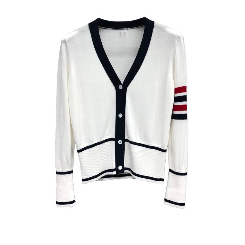 TIME BREATHE Women's Early Spring V-neck Red/Black Four-Stripe Cardigan Sweater: Casual, Versatile Knitwear